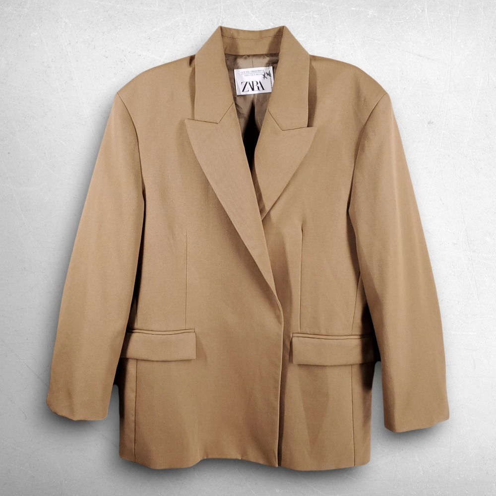 Zara Double Breasted Wool Blazer Jacket Women S Tan Architectural Minimalist